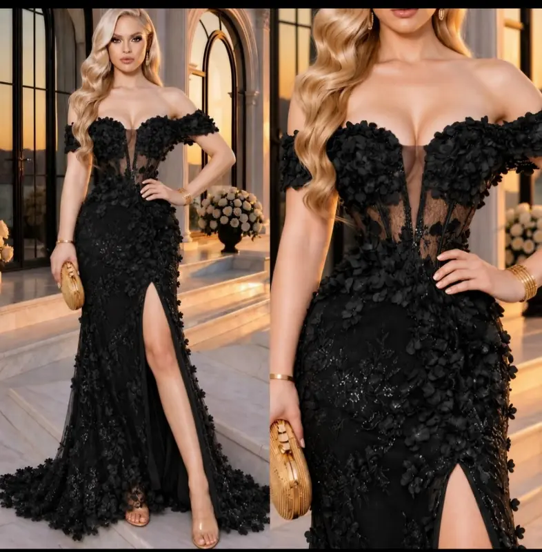 Vestido negro de gala con flores