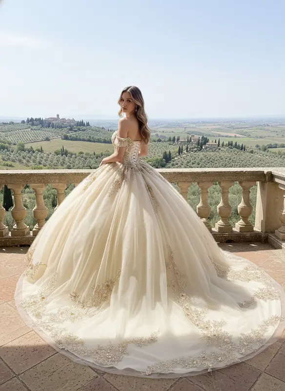 Vestido champán con cola larga